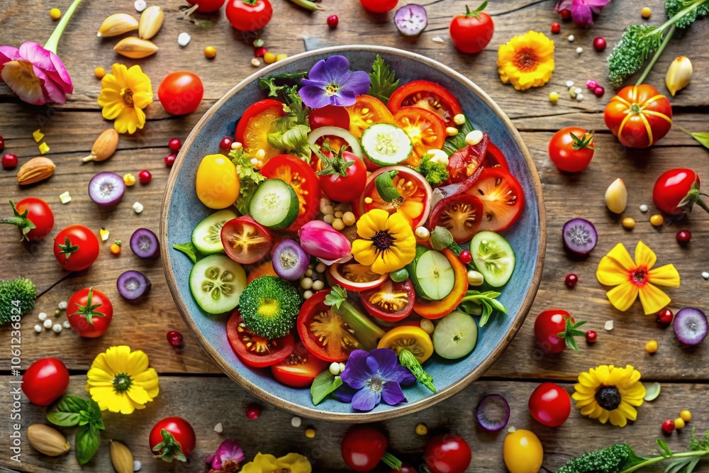 Fototapeta premium Vibrant Confetti Salad with Fresh Ingredients, Colorful Vegetables, and Whimsical Presentation for Healthy Eating, Summer Parties, and Festive Celebrations in Panoramic Photography