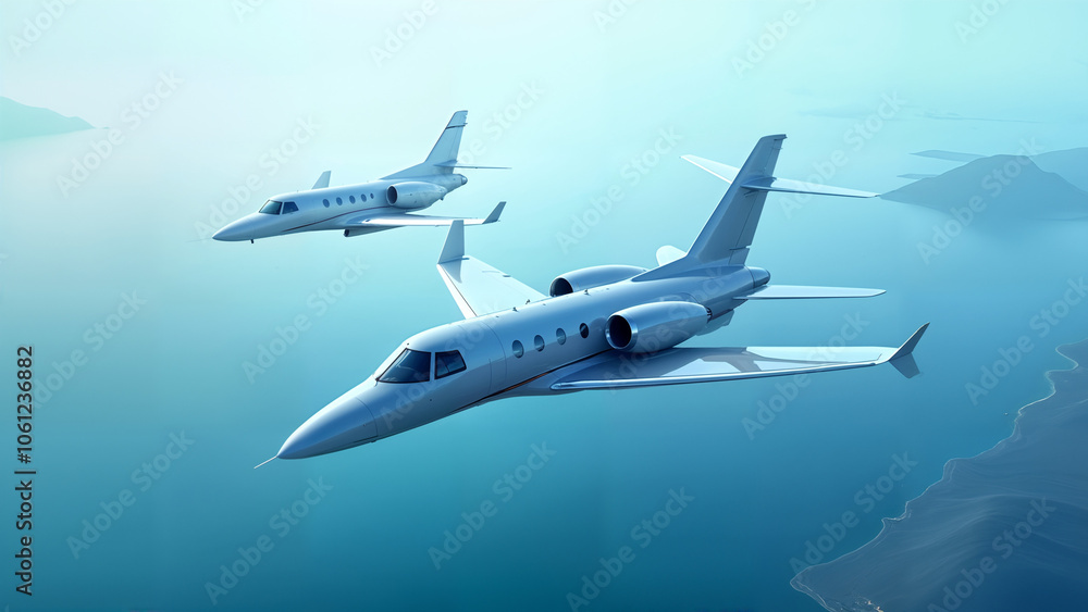 A Stunning View of Two Jets Flying Over a Serene River with Clear Blue Skies and Reflections A Stunning View of Two Jets Flying Over a Serene River with Clear Blue Skies and Reflections