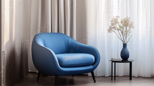 blue armchair in minimalist living room with white curtains