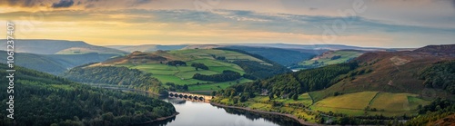 Ashopton Viaduct aerial sunset view. Ladybower Reservoir in Peak District. England  photo