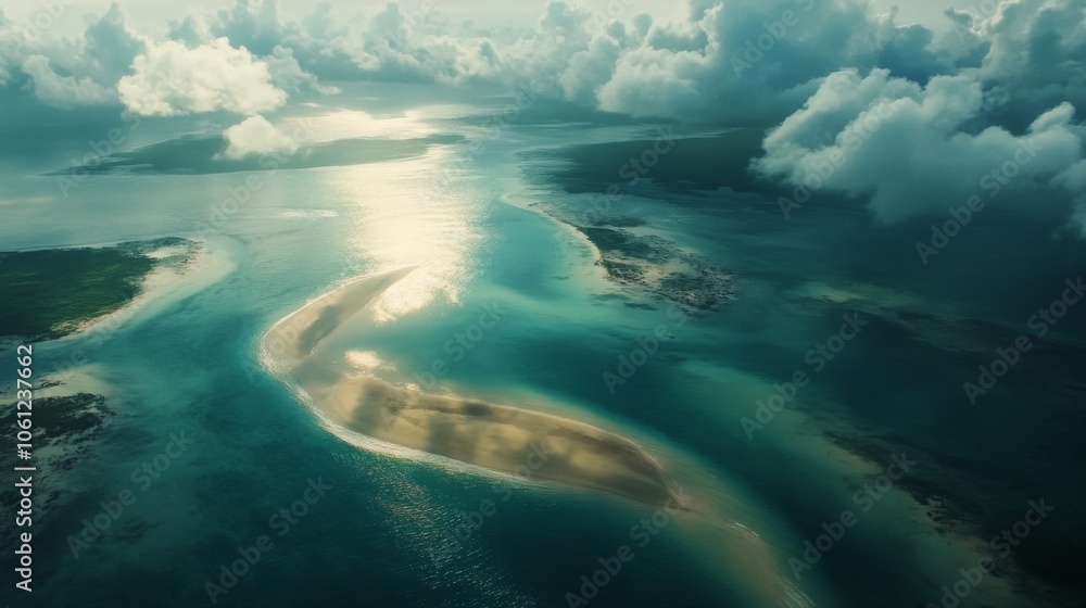 Aerial View of a Sandy Spit in a Turquoise Sea, Surrounded by Clouds Aerial View of a Sandy Spit in a Turquoise Sea, Surrounded by Clouds
