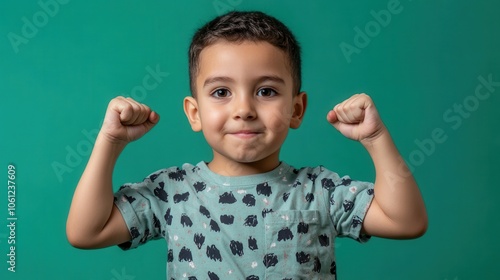 Confident Boy with Clenched Fists Against Green Background