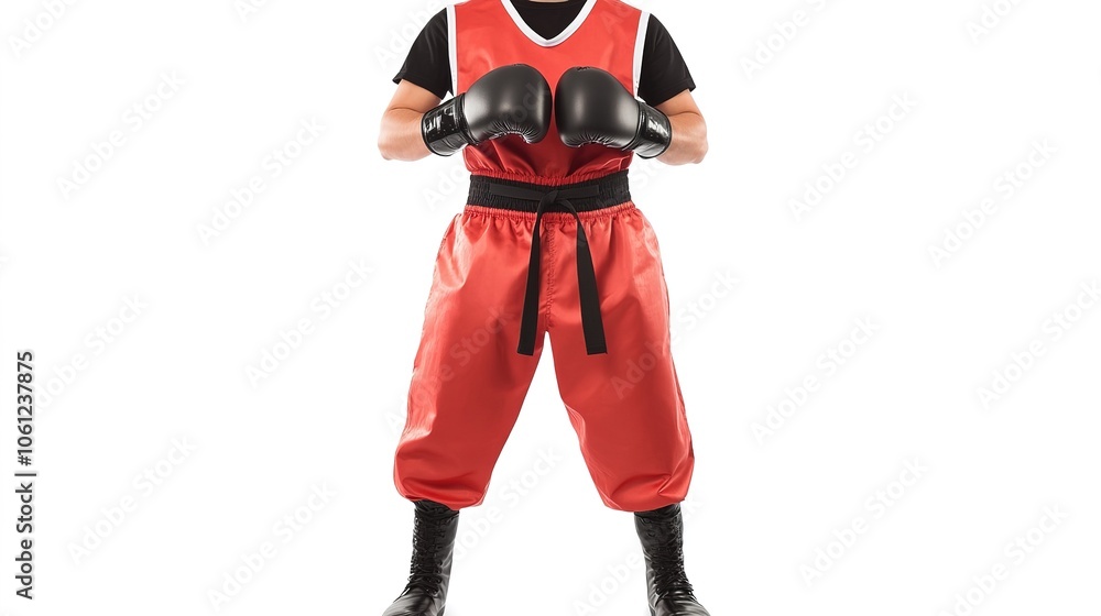 A person dressed in boxing gear, standing confidently in a ready stance against a clean white background. The individual is wearing a pair of professional boxing gloves, a fitted boxing shirt, A person dressed in boxing gear, standing confidently in a ready stance against a clean white background. The individual is wearing a pair of professional boxing gloves, a fitted boxing shirt,