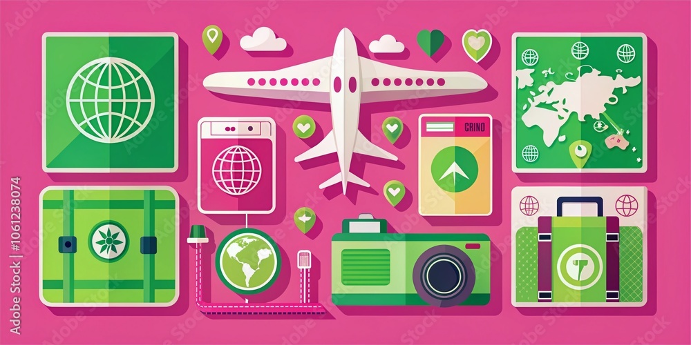 Vibrant Travel Icons Set: Airplane, Camera, Passports, and Bus in Pink and Green Colors – Perfect for Tourism and Adventure Themes Vibrant Travel Icons Set: Airplane, Camera, Passports, and Bus in Pink and Green Colors – Perfect for Tourism and Adventure Themes