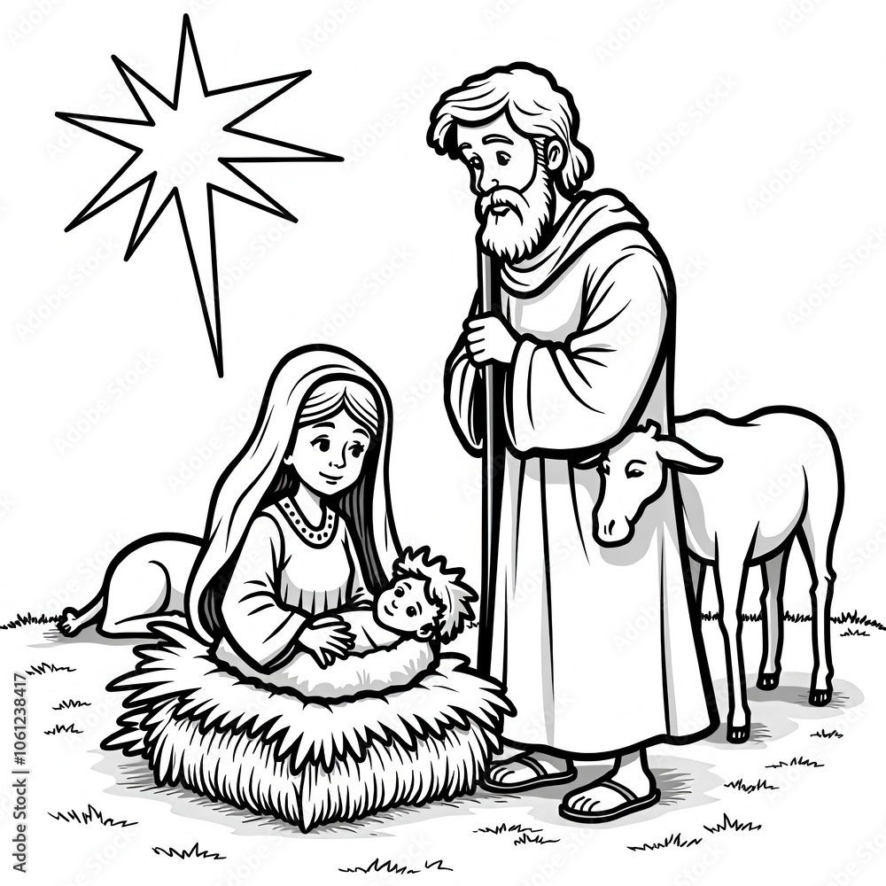 Obraz premium Traditional Nativity Scene Black White Illustration