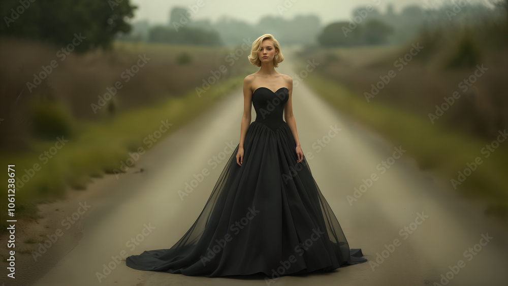 An Enigmatic Lady Dressed in Black and White Gown Captured on a Vintage Road An Enigmatic Lady Dressed in Black and White Gown Captured on a Vintage Road
