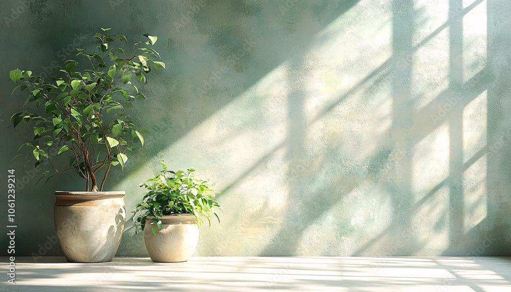 A serene indoor space featuring two potted plants basking in warm sunlight, ideal for interior design, wellness, or minimalist lifestyle promotions. A serene indoor space featuring two potted plants basking in warm sunlight, ideal for interior design, wellness, or minimalist lifestyle promotions.