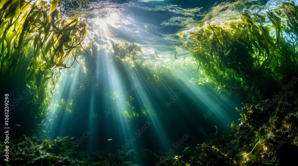 Sunlight beams through an underwater kelp forest Sunlight beams through an underwater kelp forest