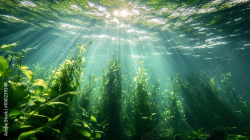 Underwater Sunlight Illuminating Lush Green Seaweed