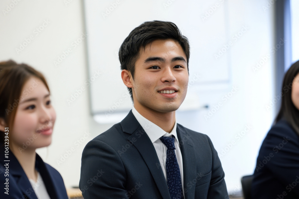 young man in suit smiles confidently during meeting, showcasing professionalism and engagement. His positive demeanor adds to collaborative atmosphere young man in suit smiles confidently during meeting, showcasing professionalism and engagement. His positive demeanor adds to collaborative atmosphere