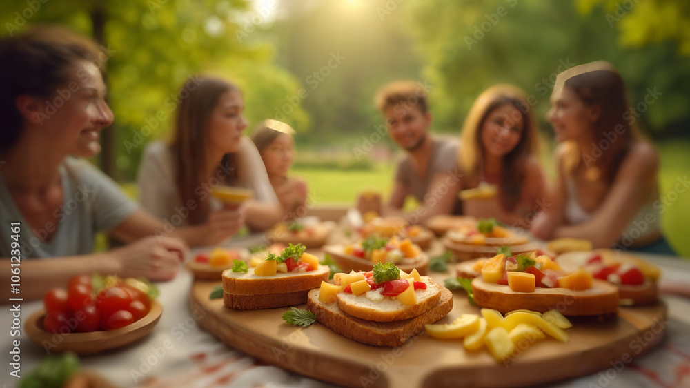 Vibrant Picnic Scene Featuring a Group of Friends Enjoying a Large Assorted Sandwich in Nature Vibrant Picnic Scene Featuring a Group of Friends Enjoying a Large Assorted Sandwich in Nature