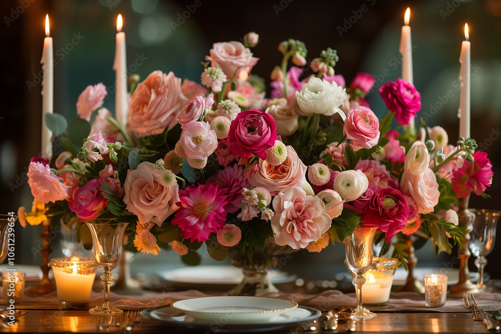 Obraz premium An Elegant Floral Arrangement for a Romantic Dinner Setting with Candles and Fine Dining Tableware