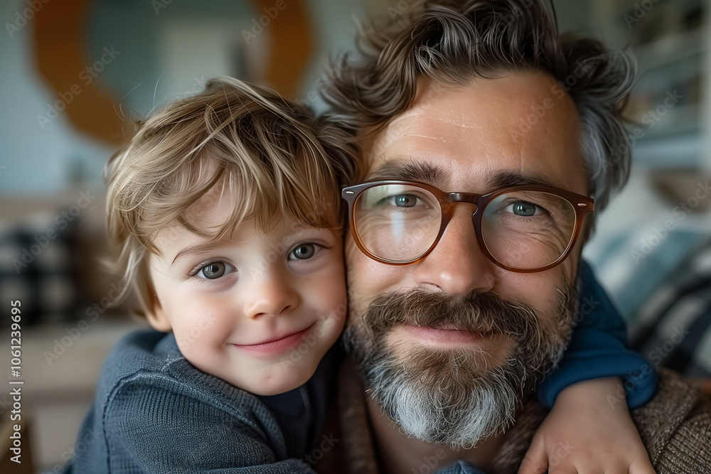 A Heartwarming Selfie of a Father and His Young Son with Smiling Eyes and Stylish Glasses A Heartwarming Selfie of a Father and His Young Son with Smiling Eyes and Stylish Glasses