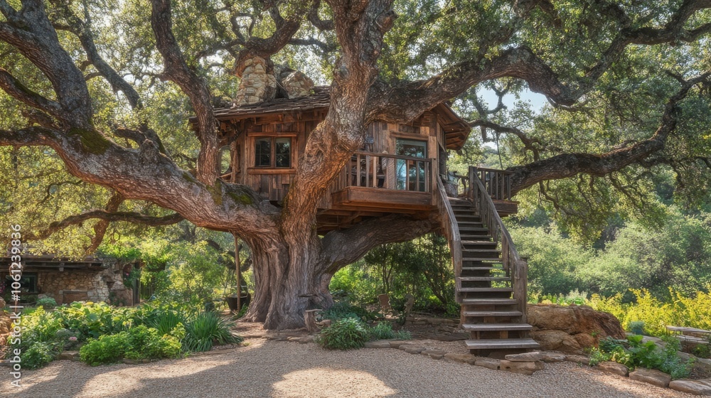 Obraz premium Wooden Treehouse with Staircase in a Lush Forest