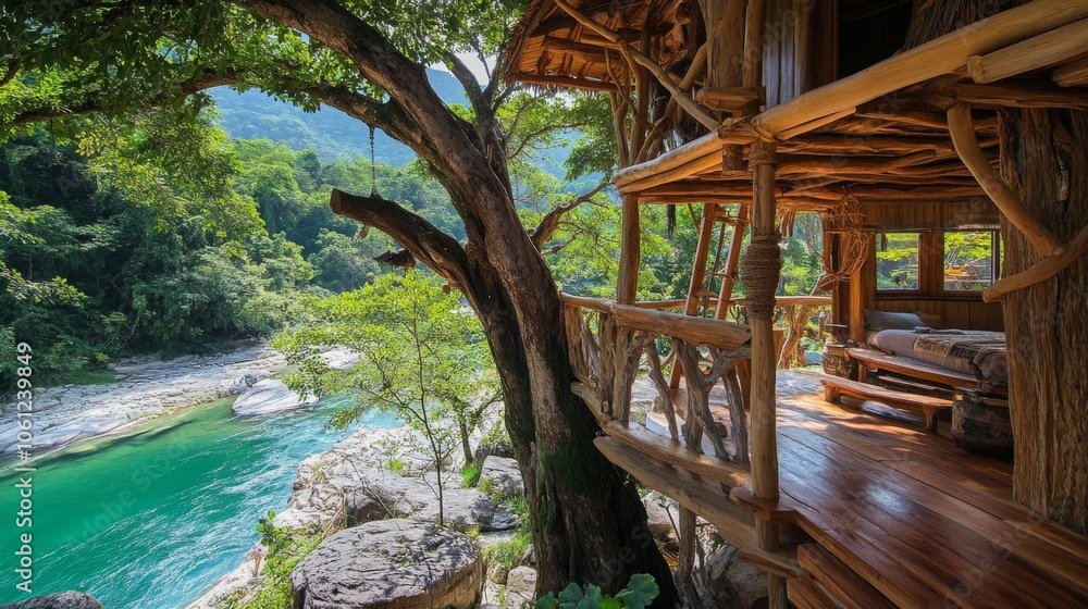 Rustic Treehouse Overlooking a Lush Green River Valley