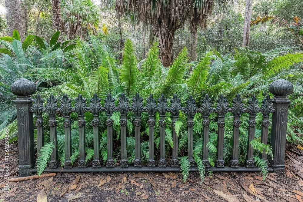 Obraz premium A decorative black fence surrounded by lush green ferns in a natural setting.