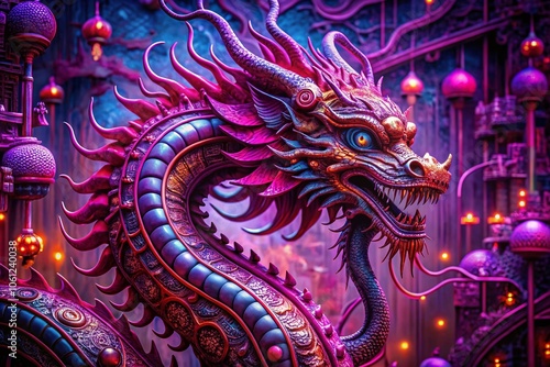 Vintage Style Photography of a Purple Dragon with Futuristic Circuitry Patterns