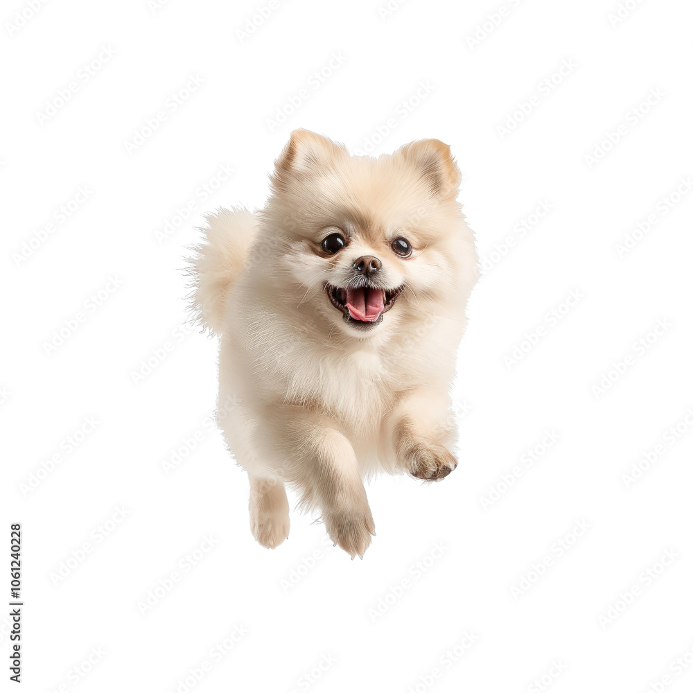 Happy Pomeranian dog jumping in the air, white isolated background Happy Pomeranian dog jumping in the air, white isolated background