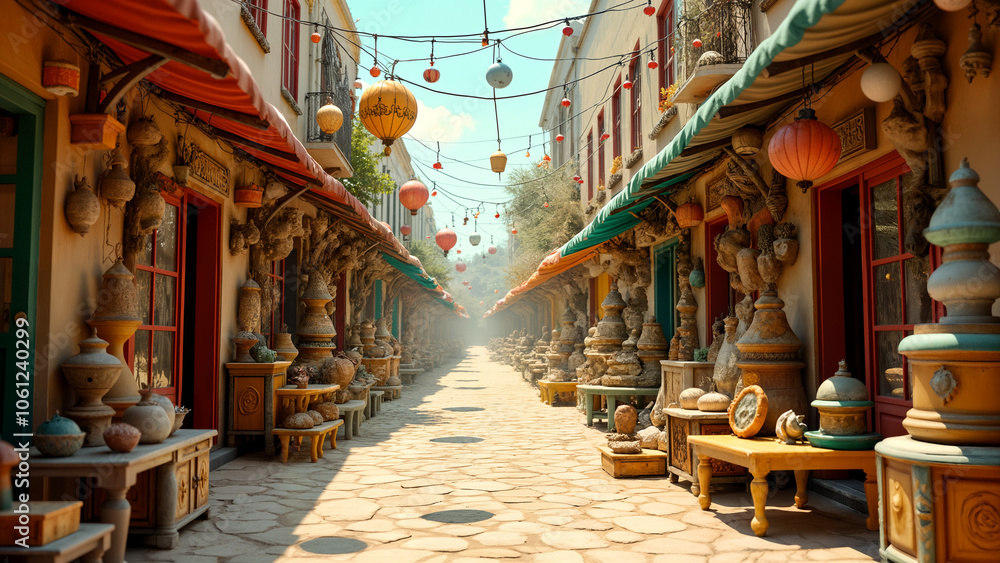 Naklejka premium Vibrant Street Scene Filled with Eclectic Furniture and Toys Inviting Imagination and Community Exploration