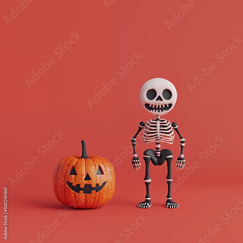 A cartoon skeleton standing next to a jack-o-lantern on an orange background.