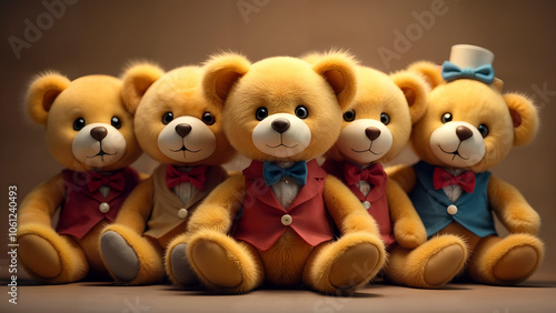 Delightful Arrangement of Stuffed Teddy Bears Dressed in Formal Wear Creating an Adorable Elegant Scene photo