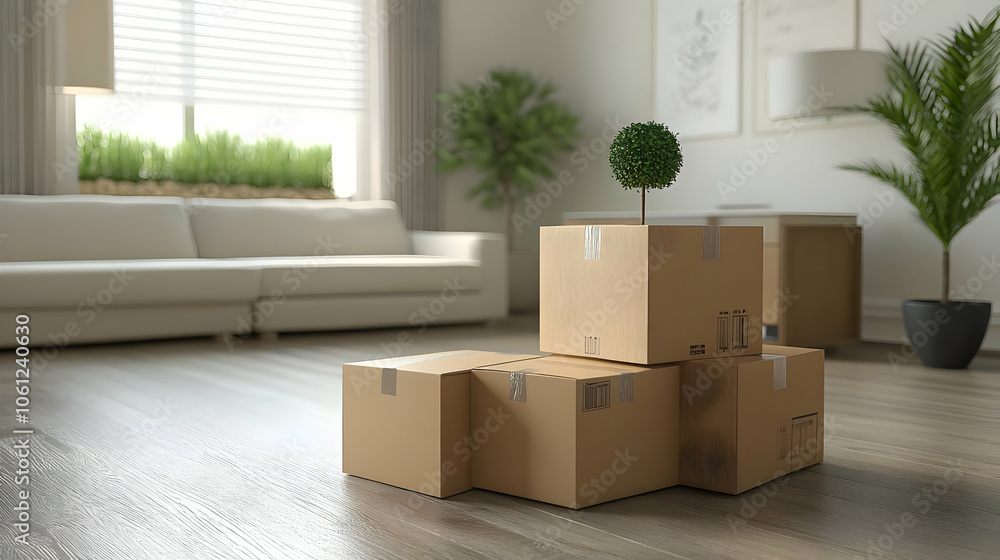 3D Rendered Cardboard Boxes in Living Room 3D Rendered Cardboard Boxes in Living Room