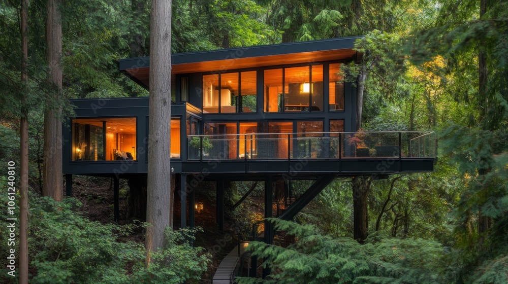 Modern Treehouse Cabin Illuminated in a Lush Forest at Dusk Modern Treehouse Cabin Illuminated in a Lush Forest at Dusk