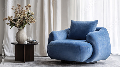 stylish blue armchair in modern living room interior with white curtains and flower arrangement