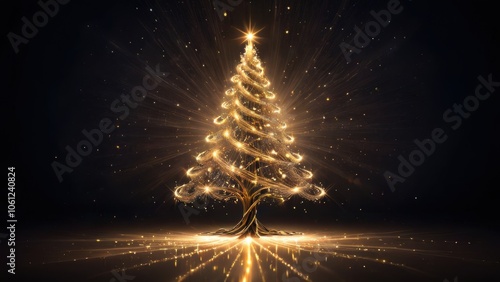 Elegant Golden Christmas Tree with Sparkling Lights on Dark Background