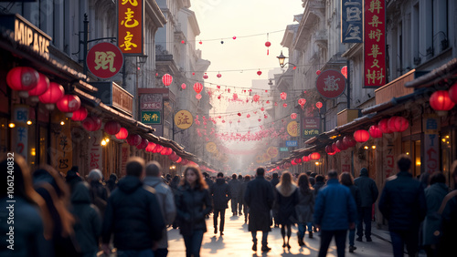 A Captivating View of a Lively Street Thrumming with Pedestrians and Diverse Activities, Illustrating the Vibrancy of Urban Life