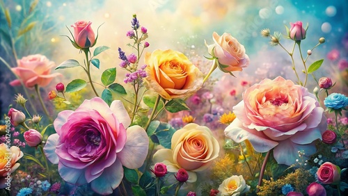 Watercolor Floral Composition of Roses and Natural Elements for Stunning Landscape Photography, Perfect for Home Decor and Art Prints, Emphasizing Transparency and Soft Hues