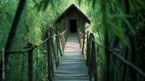 Bamboo Bridge Leading to a Rustic Hut in a Lush Green Forest