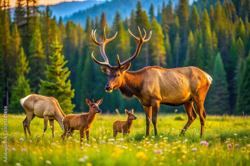 Wild Elk Family Grazing in Lush Green Grassland - Captivating Candid Nature Photography of Elk Herd in their Natural Habitat, Wildlife Conservation, and Scenic Landscapes Wild Elk Family Grazing in Lush Green Grassland - Captivating Candid Nature Photography of Elk Herd in their Natural Habitat, Wildlife Conservation, and Scenic Landscapes