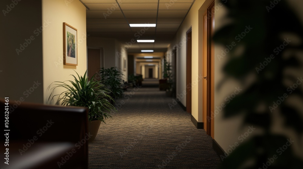 Serene Office Corridor with Greenery and Art Serene Office Corridor with Greenery and Art