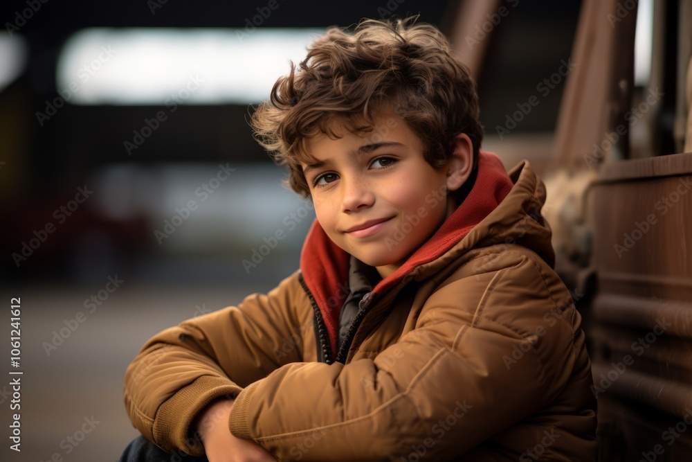 portrait of a boy in a yellow jacket on a dark background portrait of a boy in a yellow jacket on a dark background
