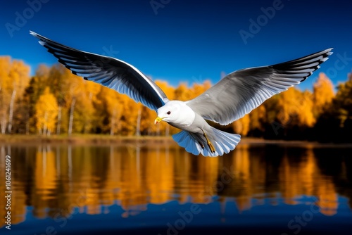 Bird wings spread wide as it soars over a calm lake, capturing the freeing and expansive feeling of flight in nature, symbolizing freedom and vastness photo