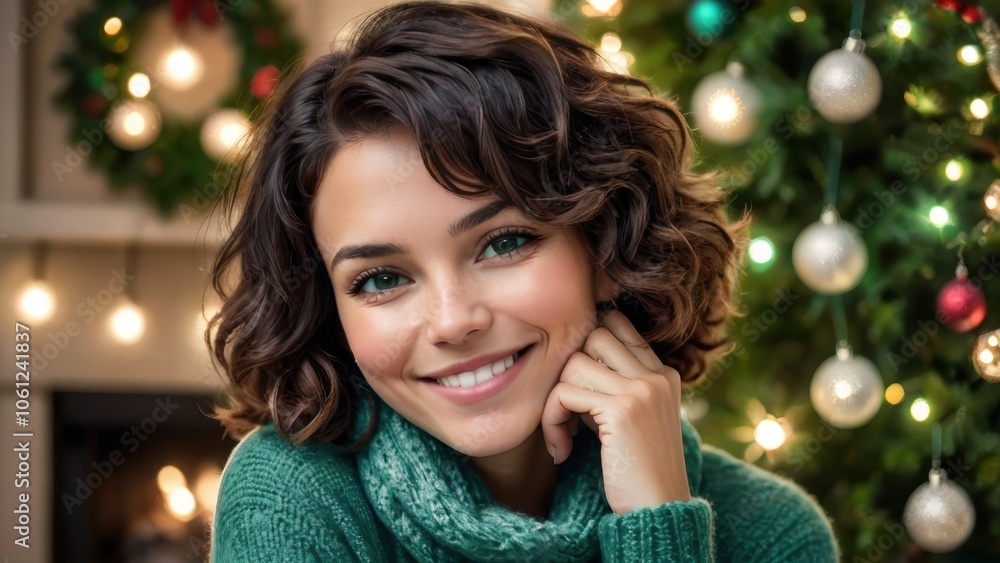 Smiling Woman in Cozy Sweater by Christmas Tree Smiling Woman in Cozy Sweater by Christmas Tree