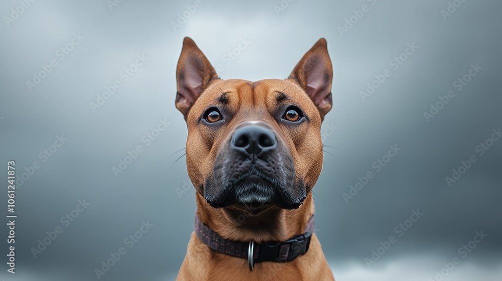 A brown pit bull terrier dog with a serious expression looks directly at the camera against a stormy gray sky. A brown pit bull terrier dog with a serious expression looks directly at the camera against a stormy gray sky.