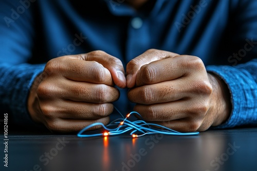 Close-up of a nervous personâ€™s hands clenching the table, with polygraph wires attached, capturing the anxiety and psychological pressure of being tested, symbolizing tension and honesty