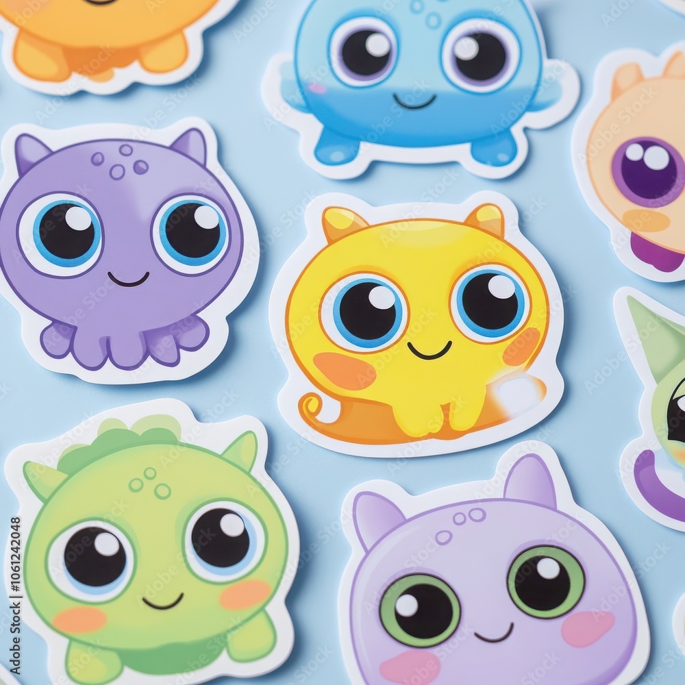 Cute Cartoon Stickers: Adorable and whimsical, these cartoon stickers feature a collection of colorful, smiling creatures with big eyes, perfect for adding a touch of fun and personality to laptops. Cute Cartoon Stickers: Adorable and whimsical, these cartoon stickers feature a collection of colorful, smiling creatures with big eyes, perfect for adding a touch of fun and personality to laptops.