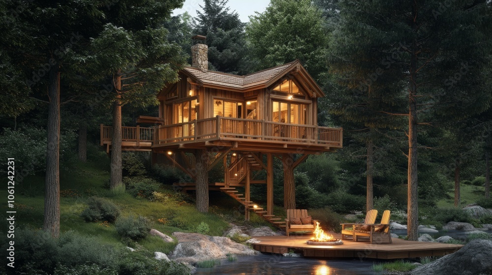 Cozy Wooden Treehouse with Fire Pit and Deck Overlooking a Creek in a Lush Forest Cozy Wooden Treehouse with Fire Pit and Deck Overlooking a Creek in a Lush Forest