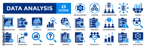 Data analysis icon collection set. Containing analysis,information, trend, forecast, decision,risk,research,report icon. Simple flat vector illustration.