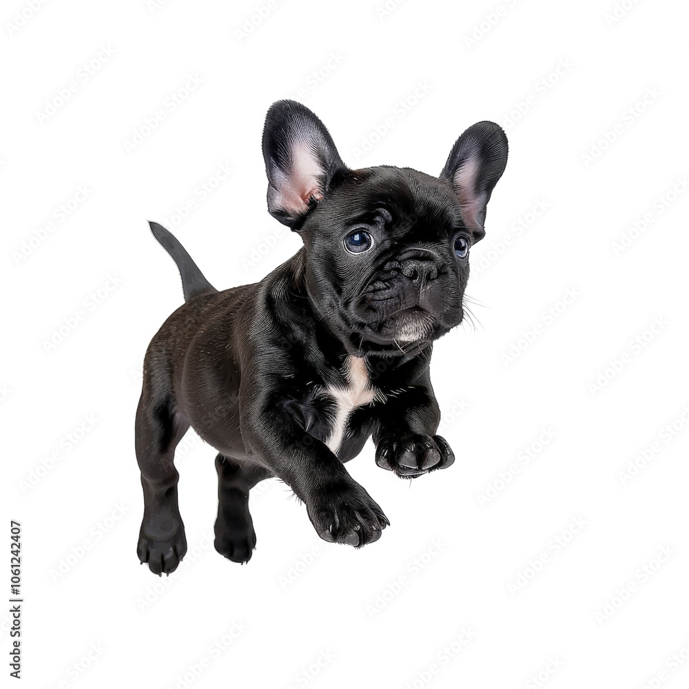 Playful black French Bulldog jumping on a white isolate background. Playful black French Bulldog jumping on a white isolate background.