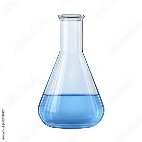 Chemical lab flask with blue liquid, single object isolated on solid white background, , transparent background