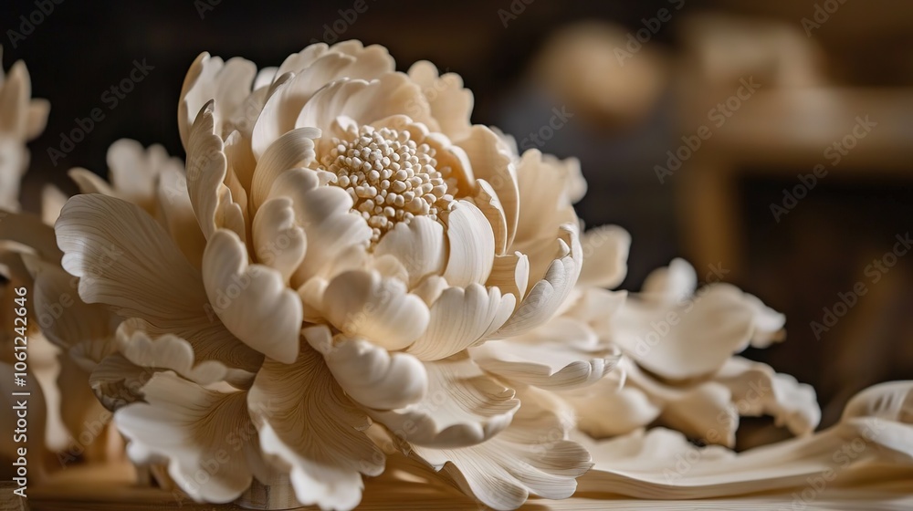 A beautifully intricate wood carving featuring peony and lotus flowers, radiating an Eastern classic elegance. This exquisite artwork showcases the delicate details of the flowers A beautifully intricate wood carving featuring peony and lotus flowers, radiating an Eastern classic elegance. This exquisite artwork showcases the delicate details of the flowers