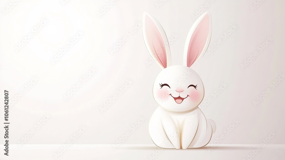 Fototapeta premium An adorable smiling rabbit designed in a cute kawaii silhouette vector style, set against a clean white background. This charming character features oversized ears, round cheeks, 