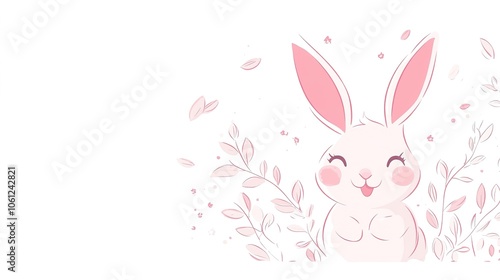 An adorable smiling rabbit designed in a cute kawaii silhouette vector style, set against a clean white background. This charming character features oversized ears, round cheeks, 
