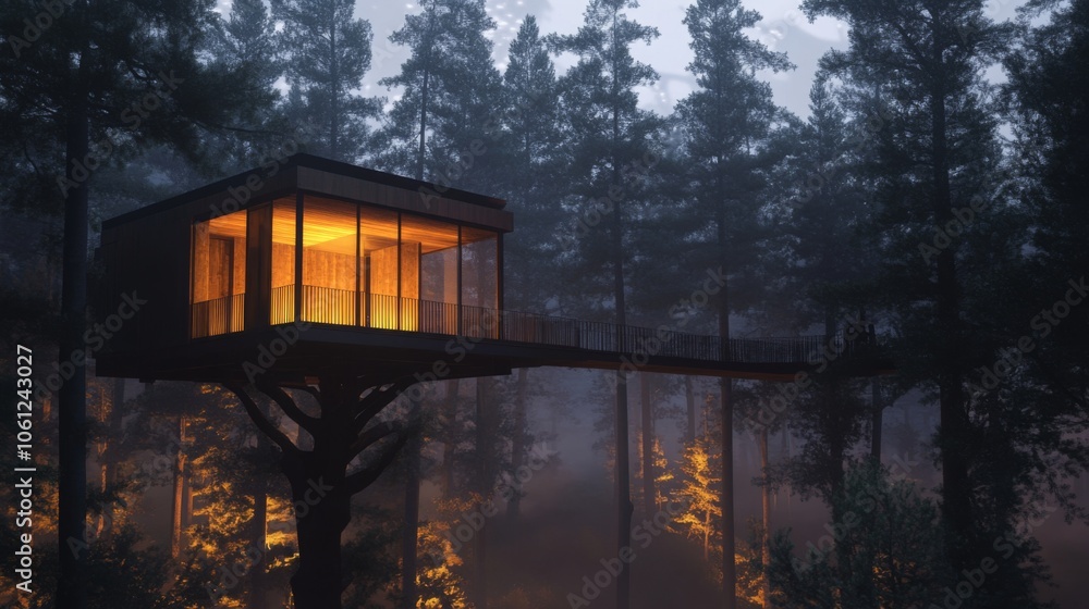 Illuminated Treehouse in a Misty Forest at Dusk Illuminated Treehouse in a Misty Forest at Dusk
