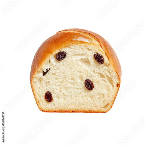 Slice of sweet bread with raisins, white isolate background. photo