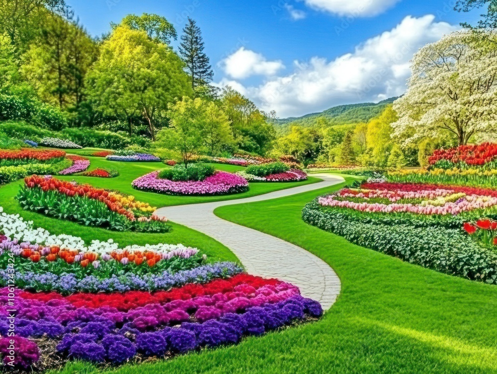 Obraz premium A vibrant garden with colorful flowers and winding pathways under a clear blue sky.